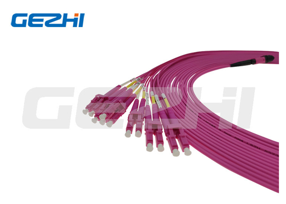 MPO หญิงถึง LC UPC Duplex OM4 สายเคเบิลฝ่าวงล้อม 8 12 24 สายเคเบิลไฟเบอร์ออปติกแกนหลักสายแพทช์ไฟเบอร์ออปติก